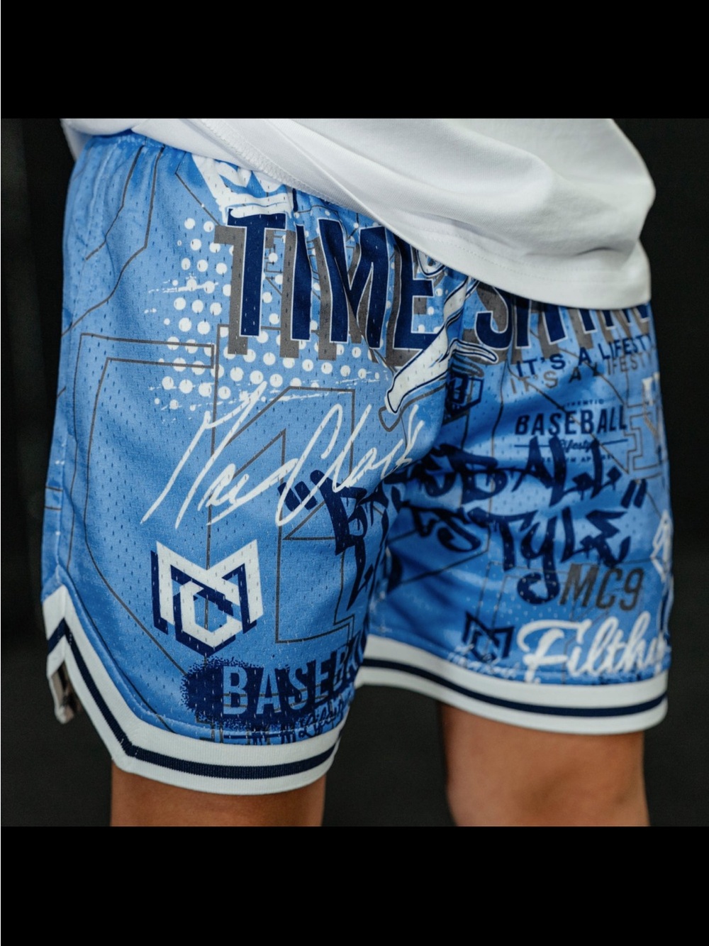 Baseball Lifestyle 101 NWT Time 2 Shine Graffiti Mesh Shorts Light Blue YM